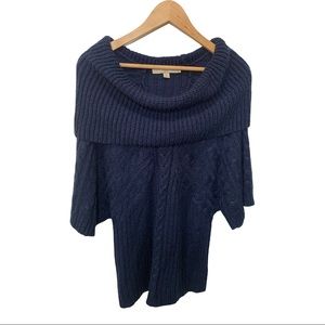 MOTTO NAVY BLUE OFF THE SHOULDER WIDE SLEEVE CABLE KNIT SWEATER